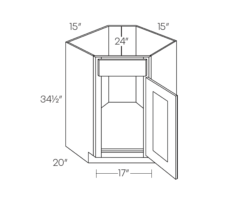 Diagonal Corner Sink Base Cabinet - 5 Piece DF, 36″W X 34 1/2″H X 36″D, Right, Left
