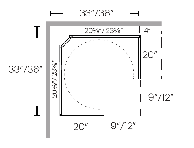 Square Corner Base Cabinet, Carousel, 36″W X 34-1/2″H X 36″D, Right